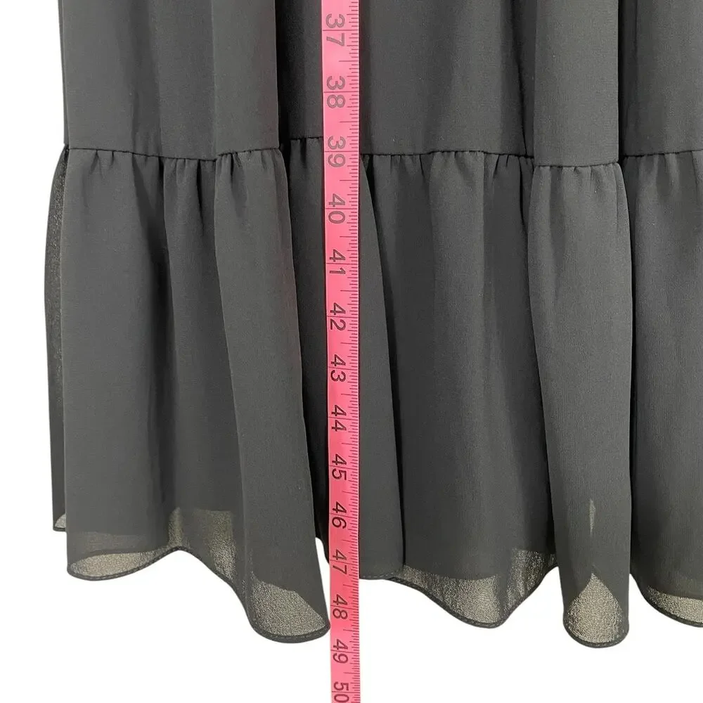 Ieena Mac Duggal Ruched V-Neck Tiered Midi Dress Chiffon Black Sz 14 NWT Chic